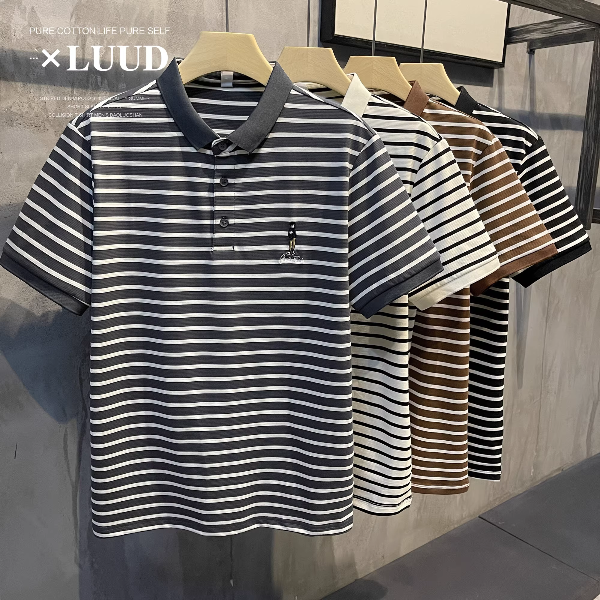 Áo polo dáng ôm thêu họa tiết LUUD dành cho nam, áo polo ngắn tay sọc phối màu trẻ trung và vui nhộn