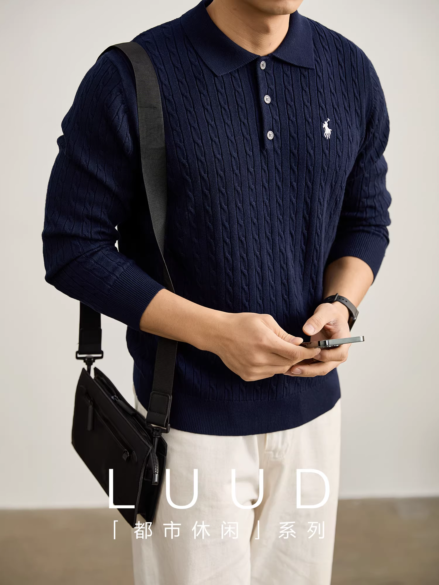 Áo len nam cổ trụ dệt kim kiểu dáng cổ điển, chất liệu len pha, kiểu dáng quý tộc, thêu họa tiết LUUD Knight