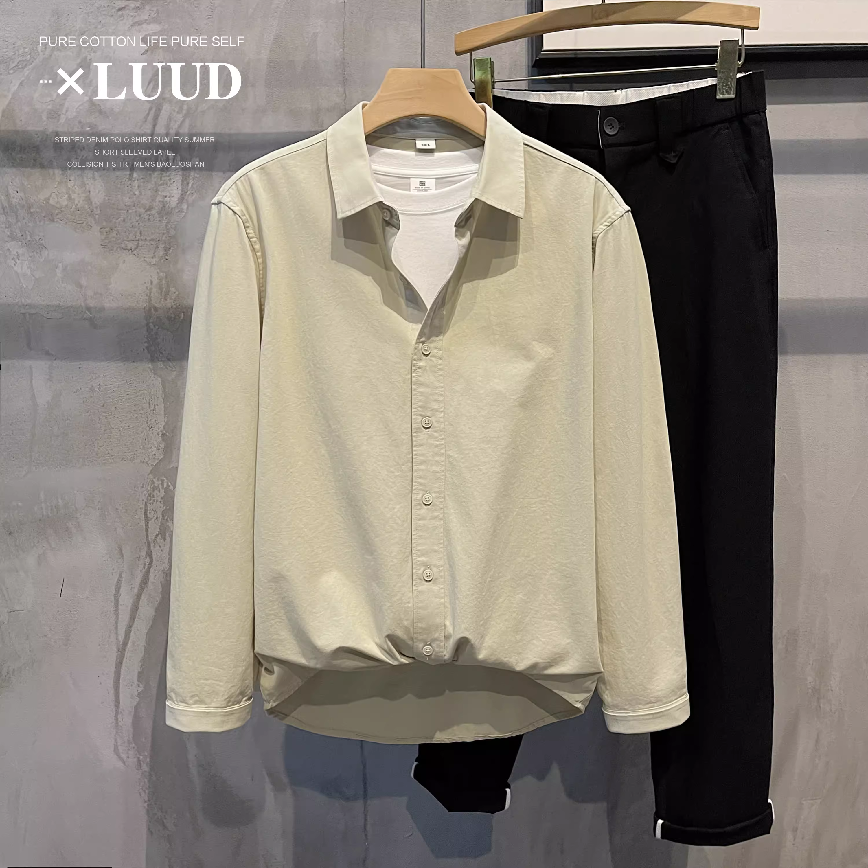 Áo sơ mi nam LUUD 2025 chất liệu cotton nguyên chất, màu trơn, đơn giản, thanh lịch, kiểu dáng cổ điển, tay dài, đa năng.