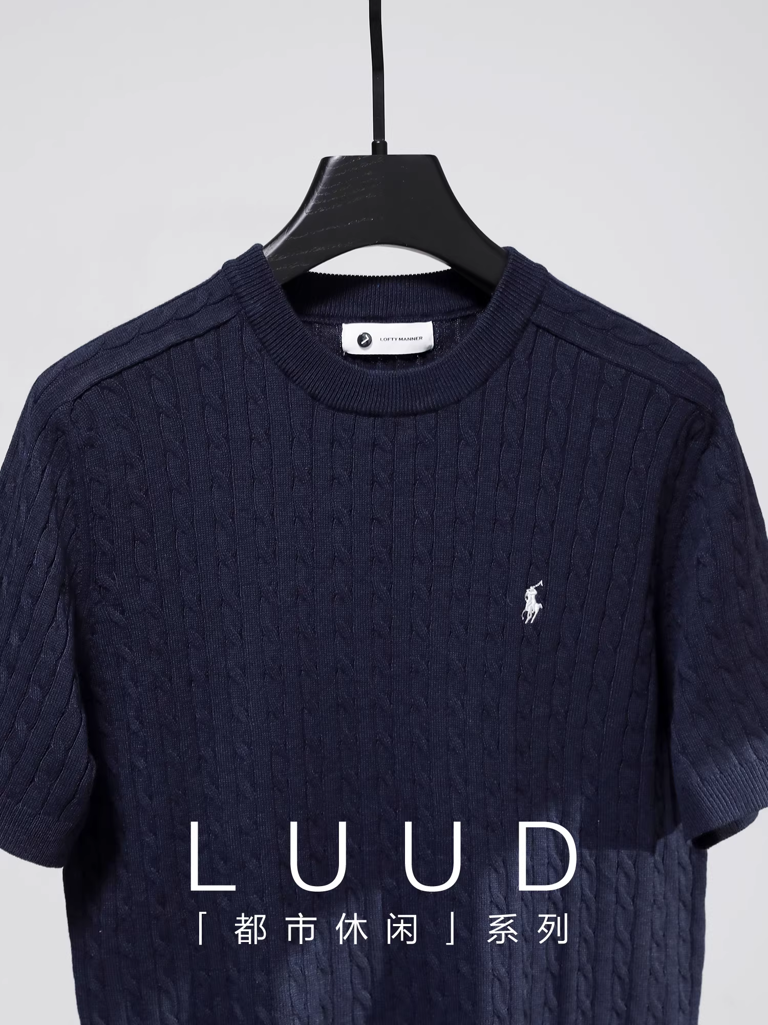 LUUD Áo len dệt kim pha len nhẹ nhàng sang trọng dành cho nam, áo thun ngắn tay cổ tròn thêu họa tiết hiệp sĩ mùa hè