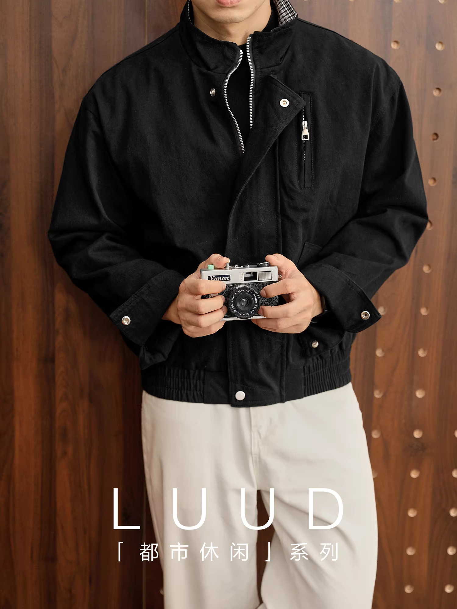 Áo khoác vải canvas có túi khóa kéo phong cách LUUD đơn giản dành cho nam mùa thu đông kẻ sọc chắp vá cổ đứng áo khoác ngắn