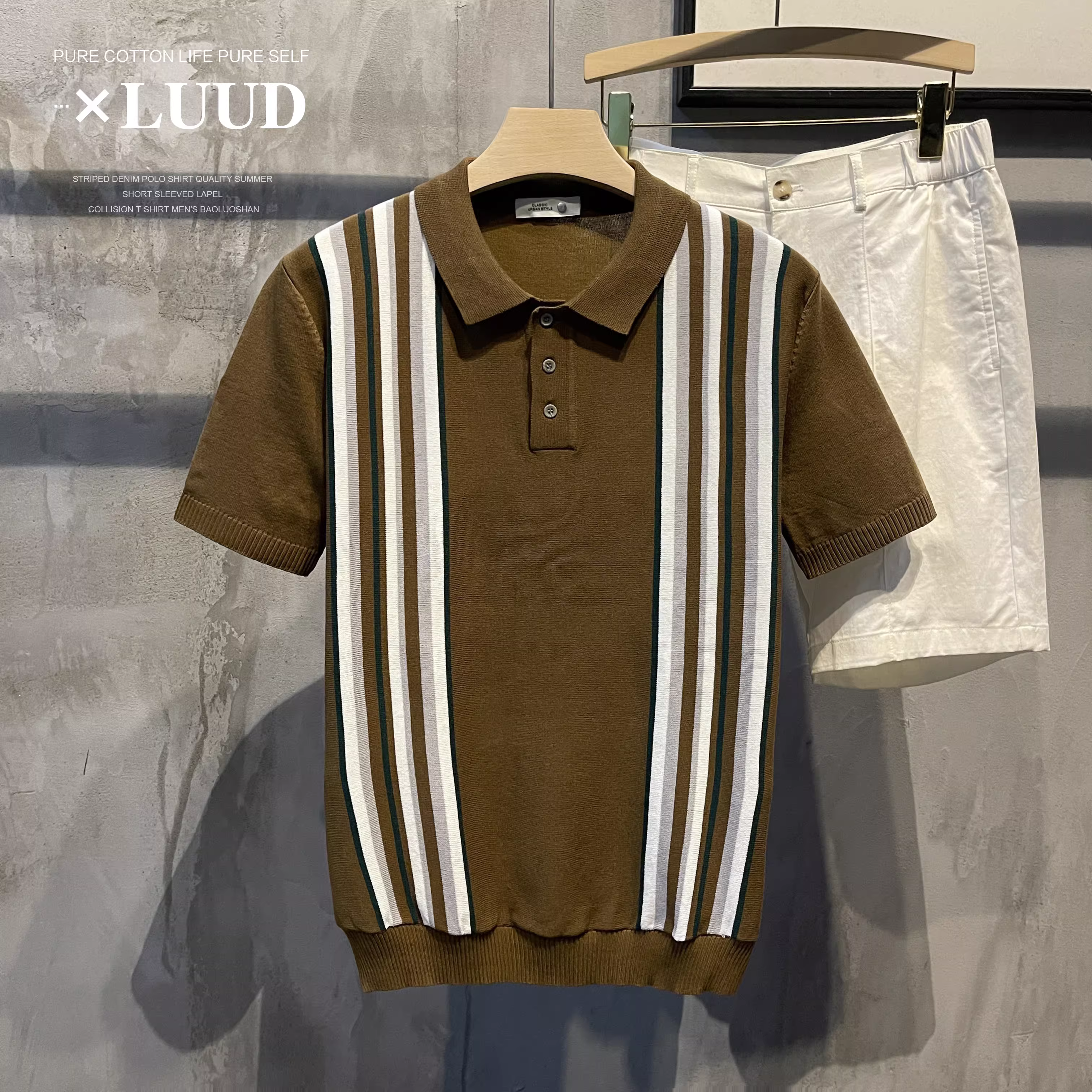 Áo sơ mi dệt kim ngắn tay kiểu Anh trưởng thành LUUD, phối màu theo phong cách retro, sọc dọc, thời thượng, nam tính, hơi rộng, kiểu POLO.