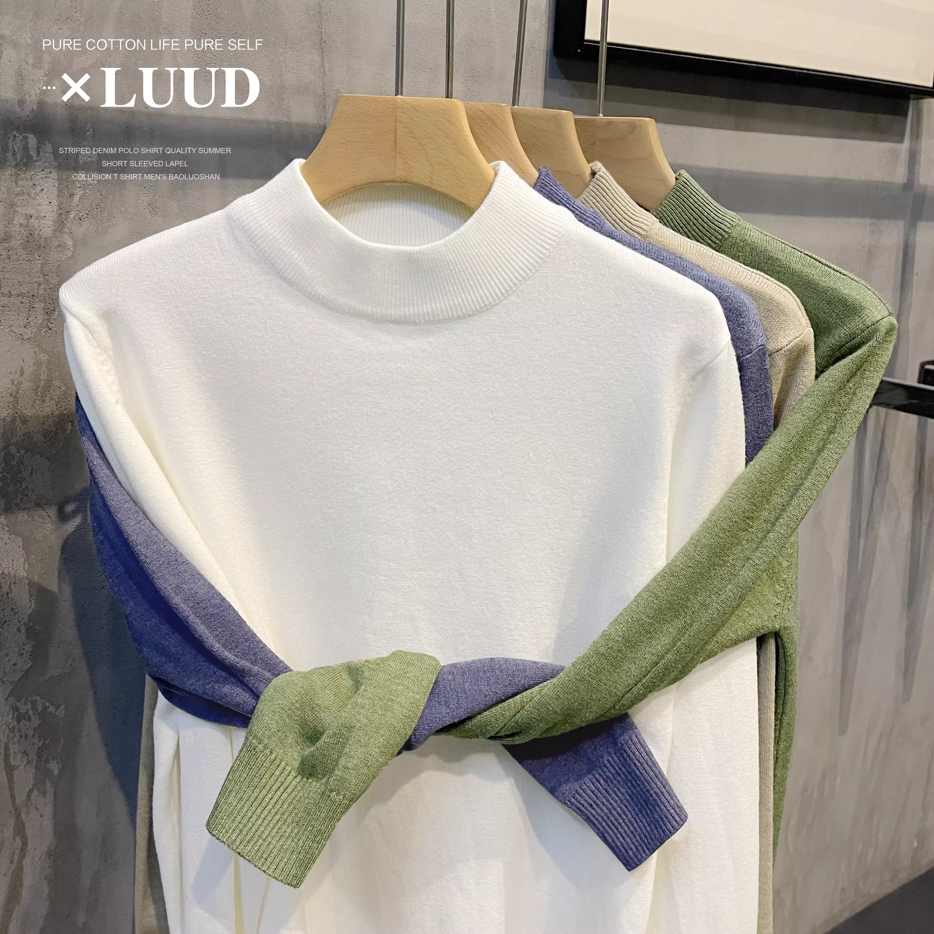 Áo len giữ nhiệt mùa đông LUUD chất liệu lông cừu, kiểu dáng ôm sát, cổ nửa cao, màu Morandi dành cho nam