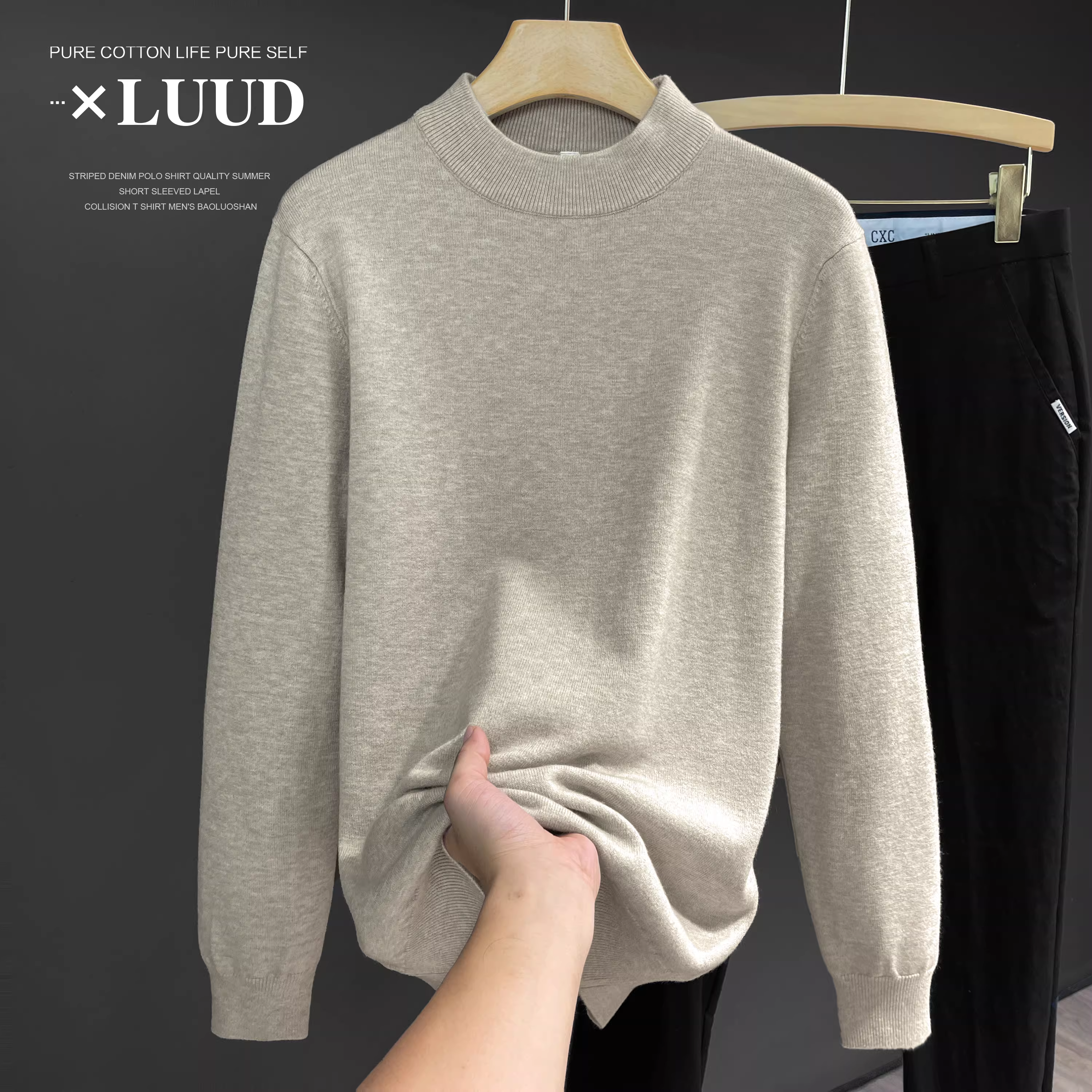 Áo len dệt kim cổ cao nửa cổ màu nâu LUUD dành cho nam, phong cách retro Hàn Quốc, màu trơn, dài tay, giản dị, áo len len cừu ấm áp