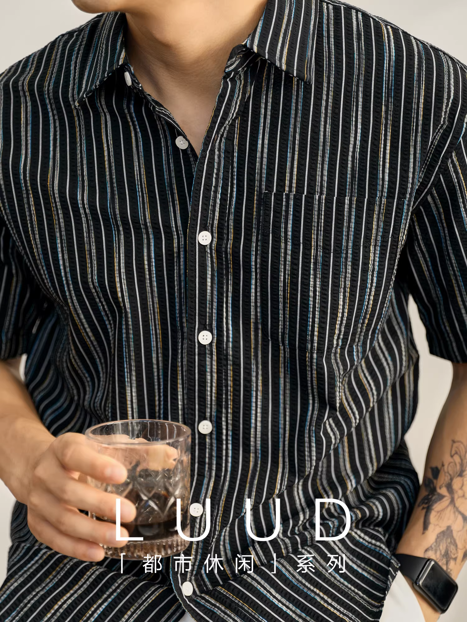 Áo sơ mi nam đô thị LUUD có cổ sọc nhiều màu sắc thoáng khí kết cấu bong bóng cotton nguyên chất ngắn tay màu đen áo sơ mi hợp thời trang