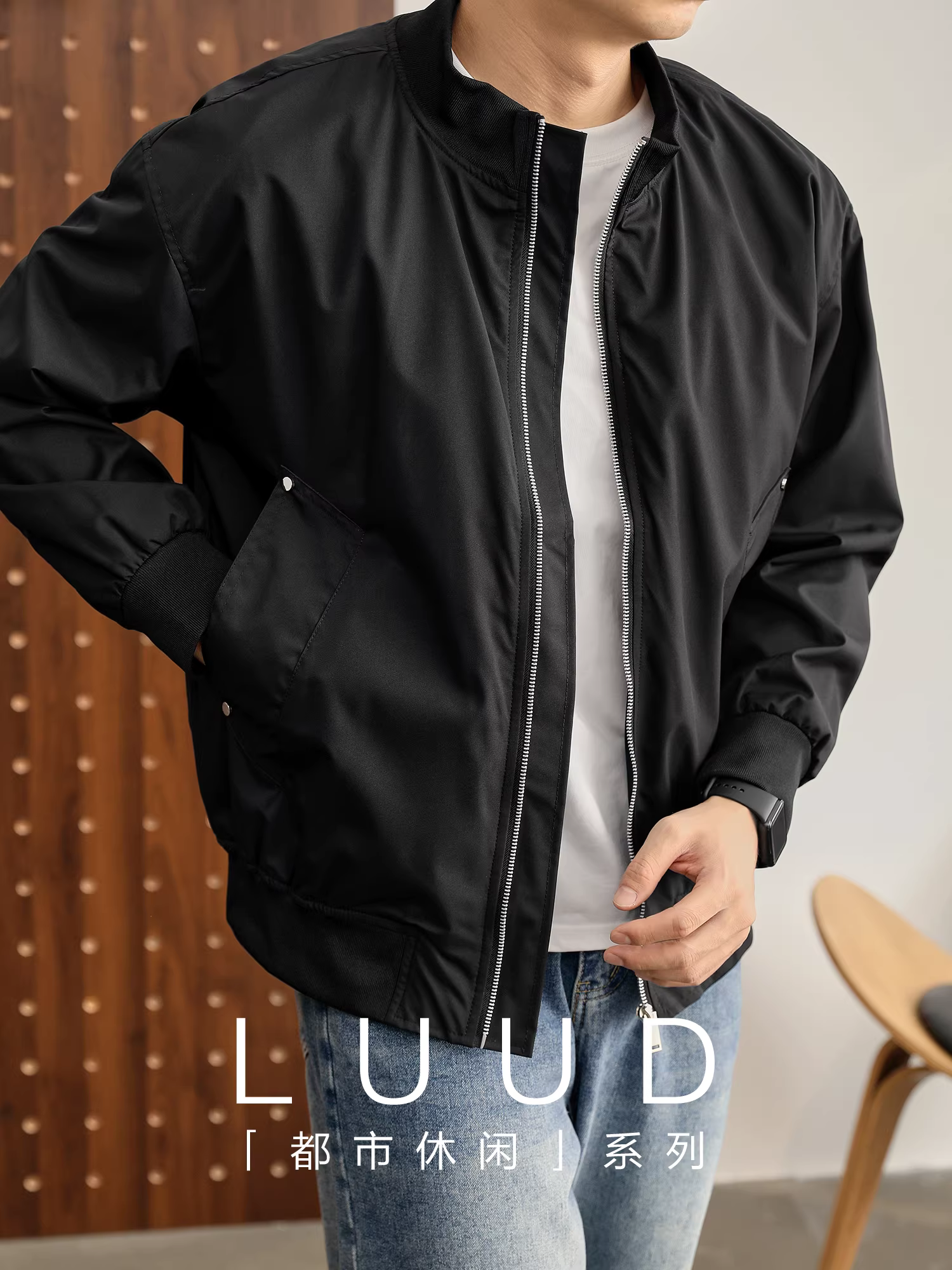 Áo khoác bóng chày đa chức năng chống gió phong cách thể thao LUUD dành cho nam với túi chéo đinh tán, cổ đứng, kiểu dáng thời trang