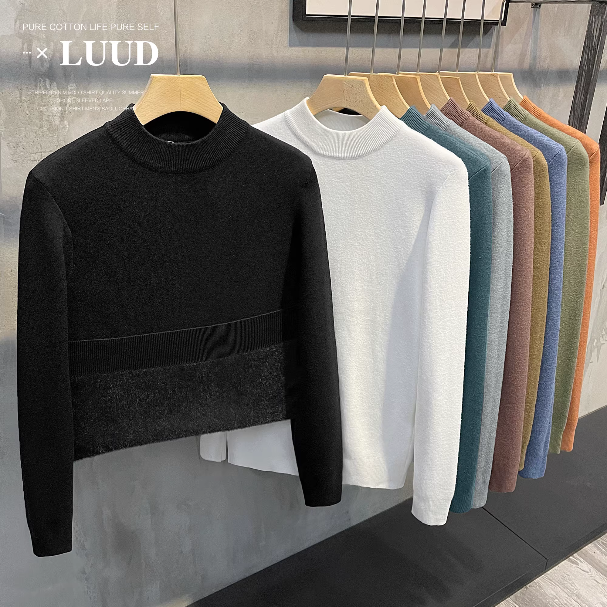 Áo len dệt kim dày có cổ giữa tích hợp lông cừu LUUD dành cho nam, áo len dệt kim cổ cao nửa cổ mùa đông đa năng, hợp thời trang.