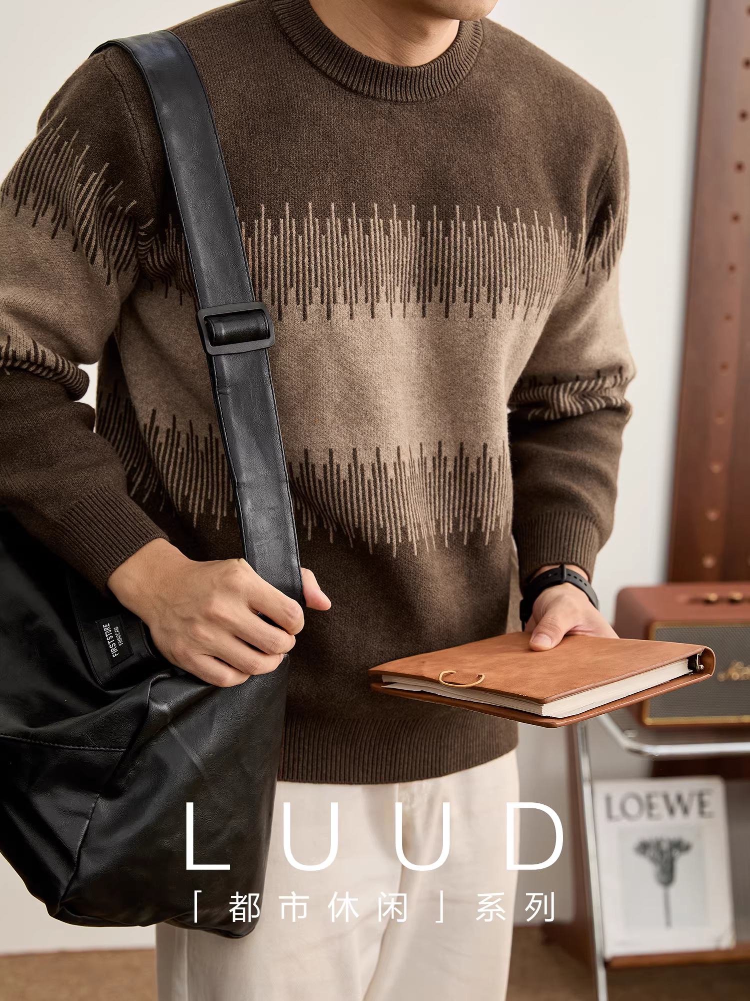 Áo len dài tay cổ tròn kiểu Mỹ LUUD dành cho nam, áo len dệt kim phối màu phối màu nặng 750G dành cho mùa thu đông