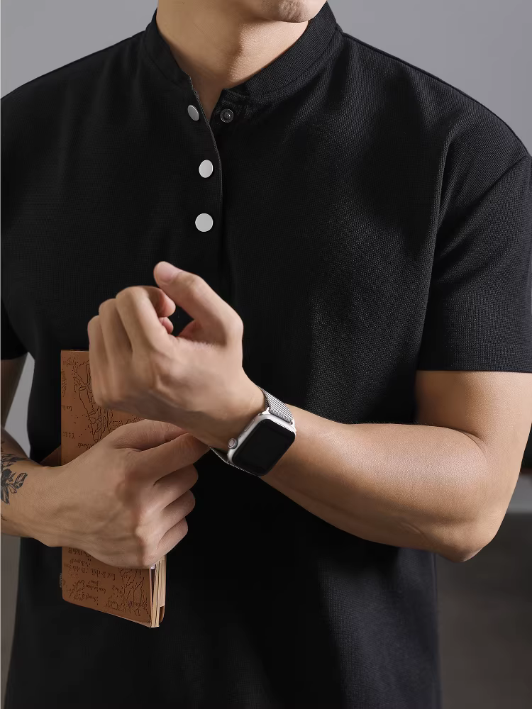 Áo thun ngắn tay cổ Henry cao cấp phong cách đô thị LUUD màu đen dành cho nam mùa hè chất liệu lyocell