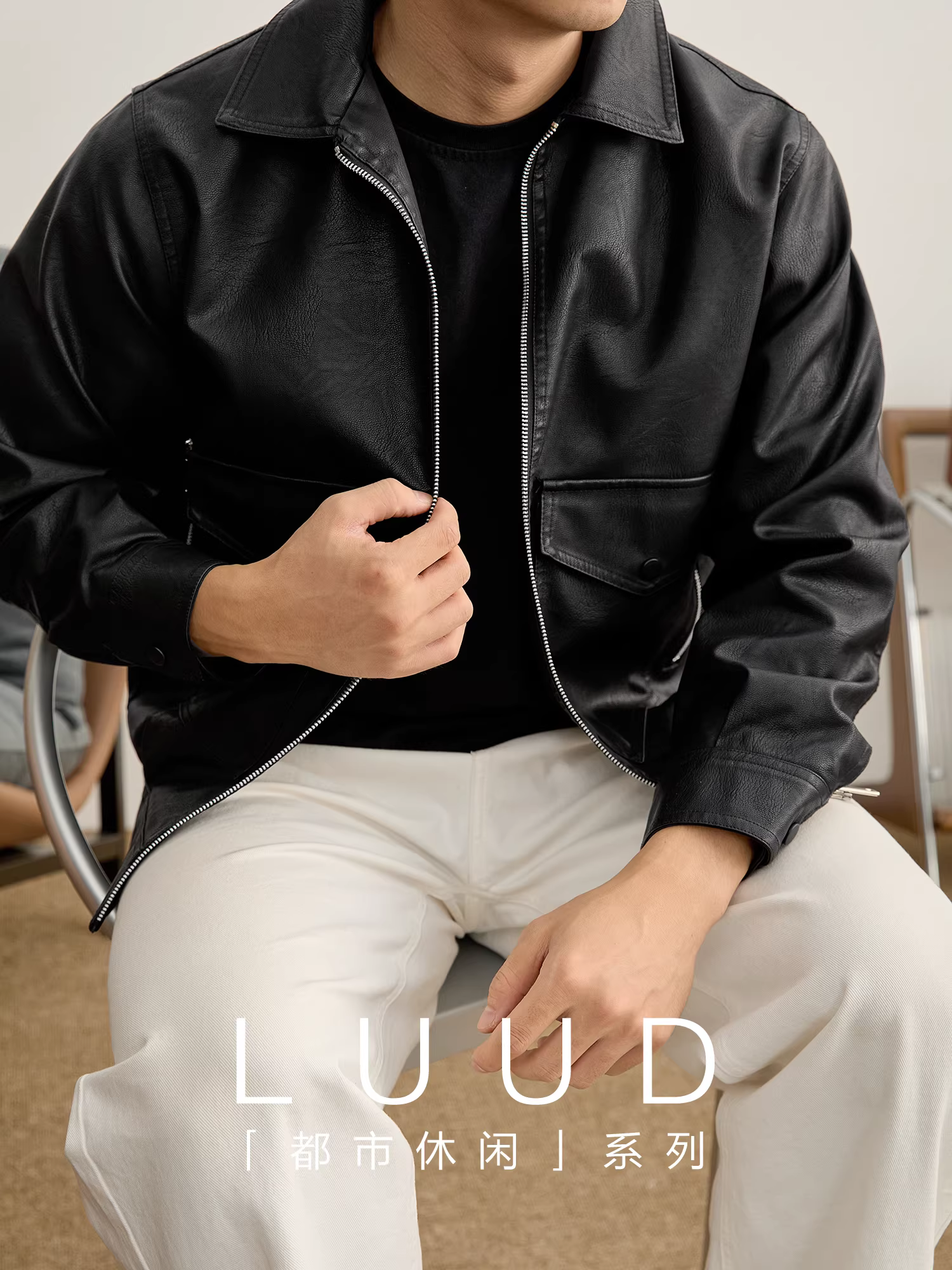 Áo khoác da PU thiết kế đa năng nhiều túi dành cho người đi làm trong thành phố LUUD, áo khoác da nam mùa đông chất liệu da tối màu