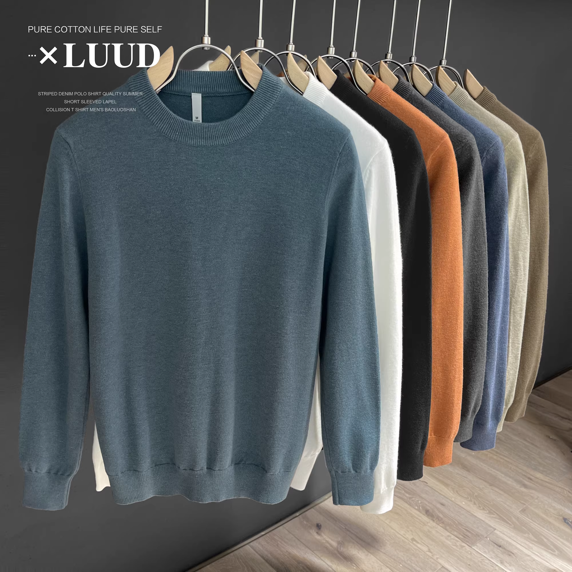 Áo len dệt kim cổ tròn ấm áp mùa đông LUUD dành cho nam, áo sơ mi ôm sát màu trơn đơn giản.