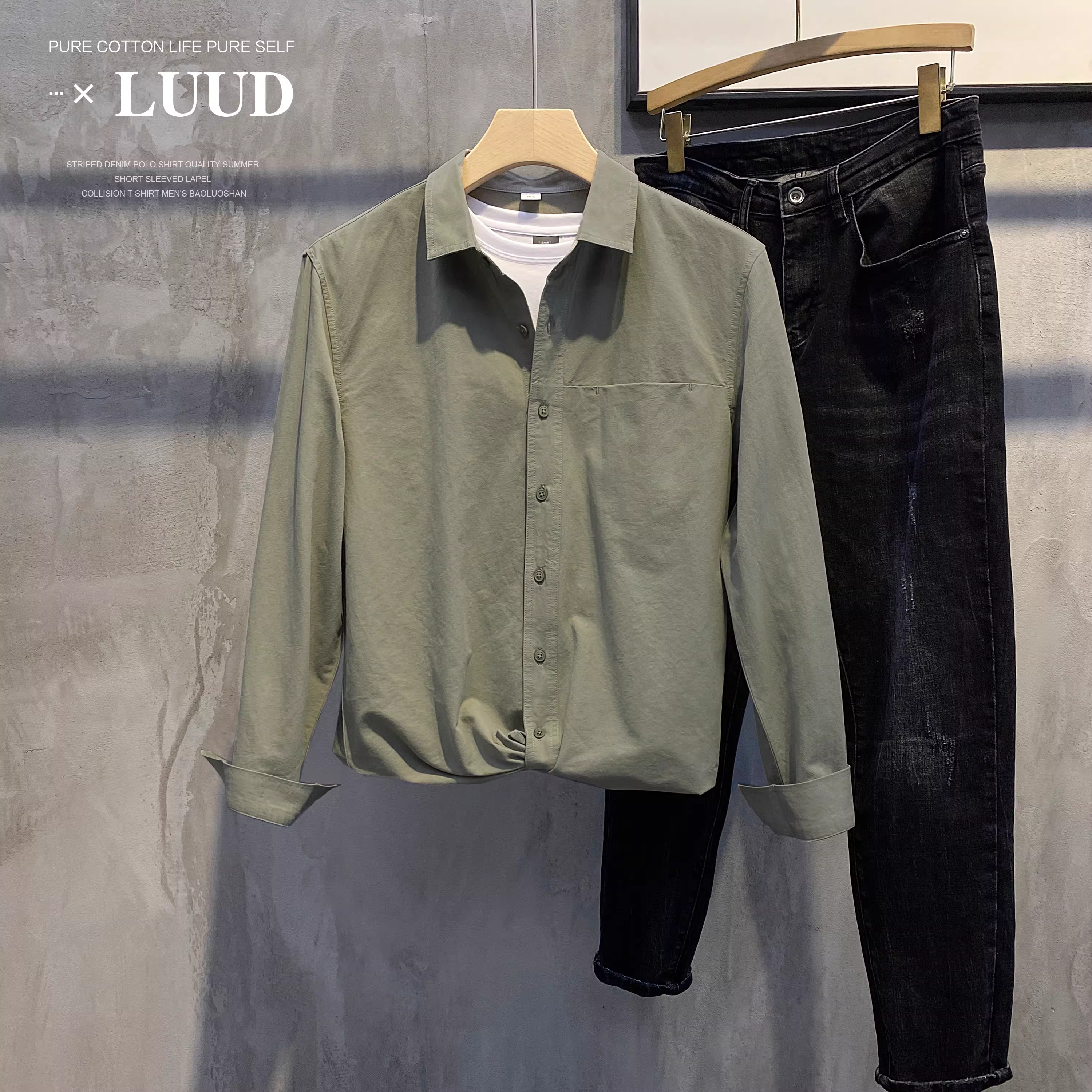 Áo sơ mi nam LUUD 2025 mùa xuân thu, chất liệu nhuộm sợi đơn giản, mặc thường ngày, tay dài, cổ trụ, thoáng khí, kiểu dáng nhỏ gọn.