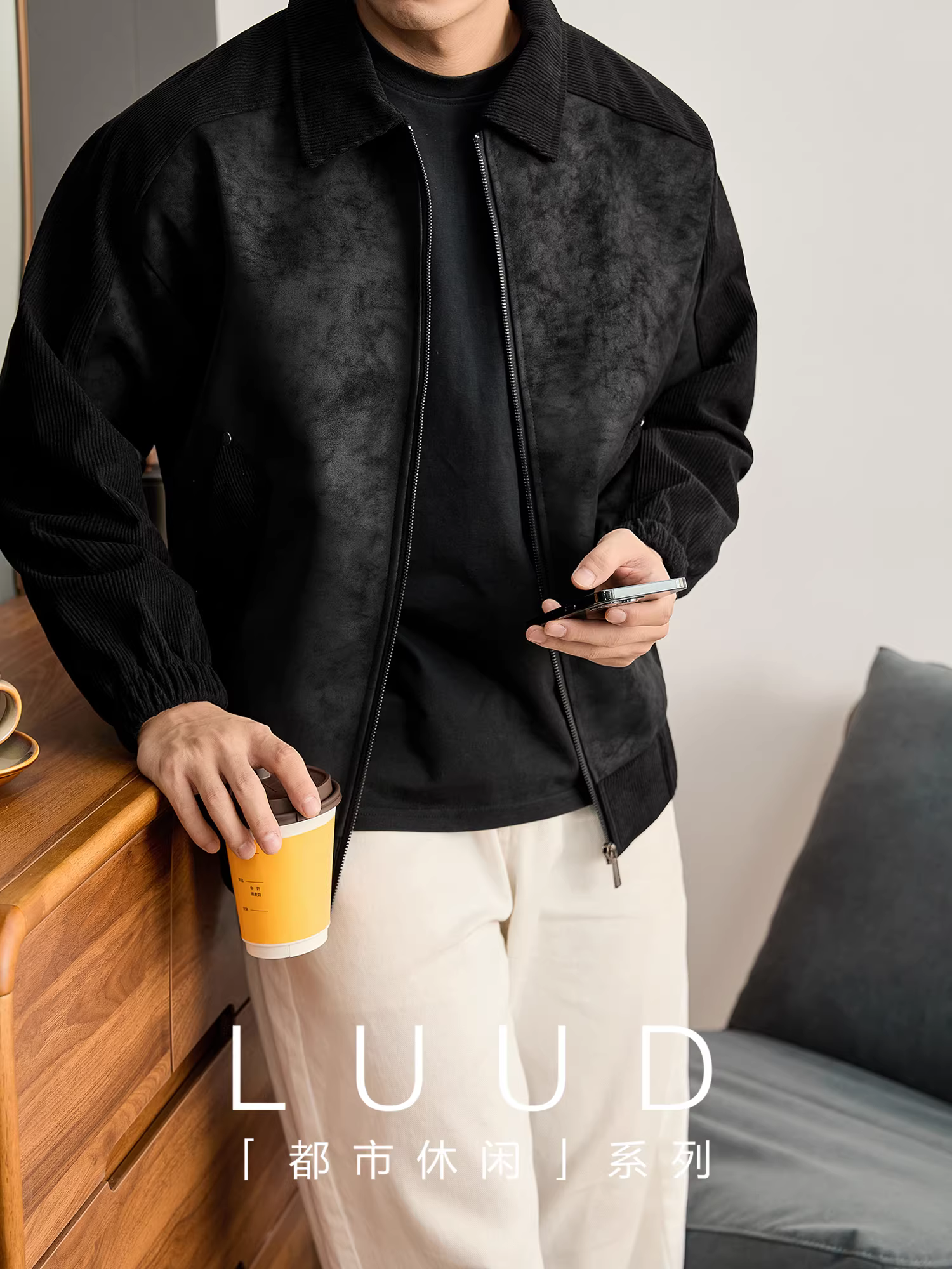 Áo khoác chống gió bằng da PU hợp thời trang và phong cách LUUD dành cho nam, áo khoác chắp vá tay áo raglan họa tiết sọc dọc bằng vải nhung mùa đông