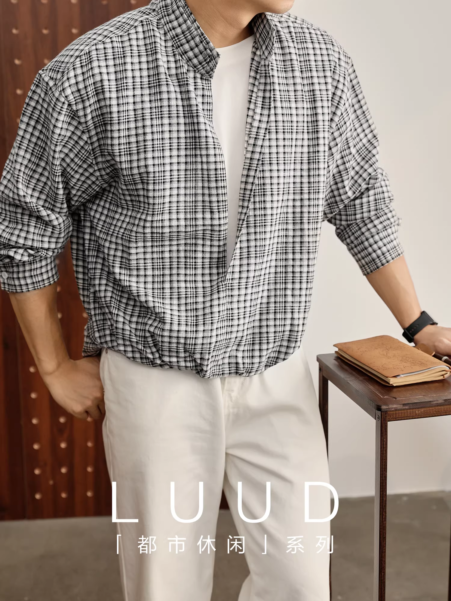 Áo sơ mi nam LUUD kiểu dáng retro, chất liệu vải lanh cotton giả hai lớp, kẻ caro, tay dài, vạt trước ngắn sau dài, cài nửa khuy.