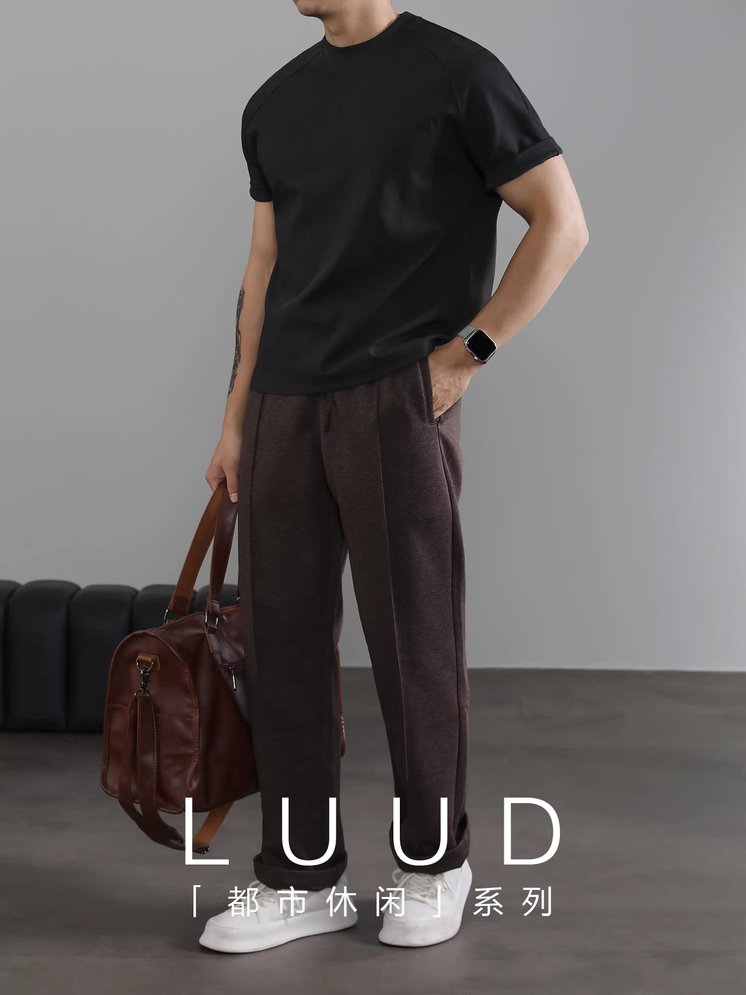 Áo thun nam ngắn tay LUUD, áo sơ mi cơ bản kiểu Mỹ, áo thun cổ tròn màu đen phong cách thành thị giản dị