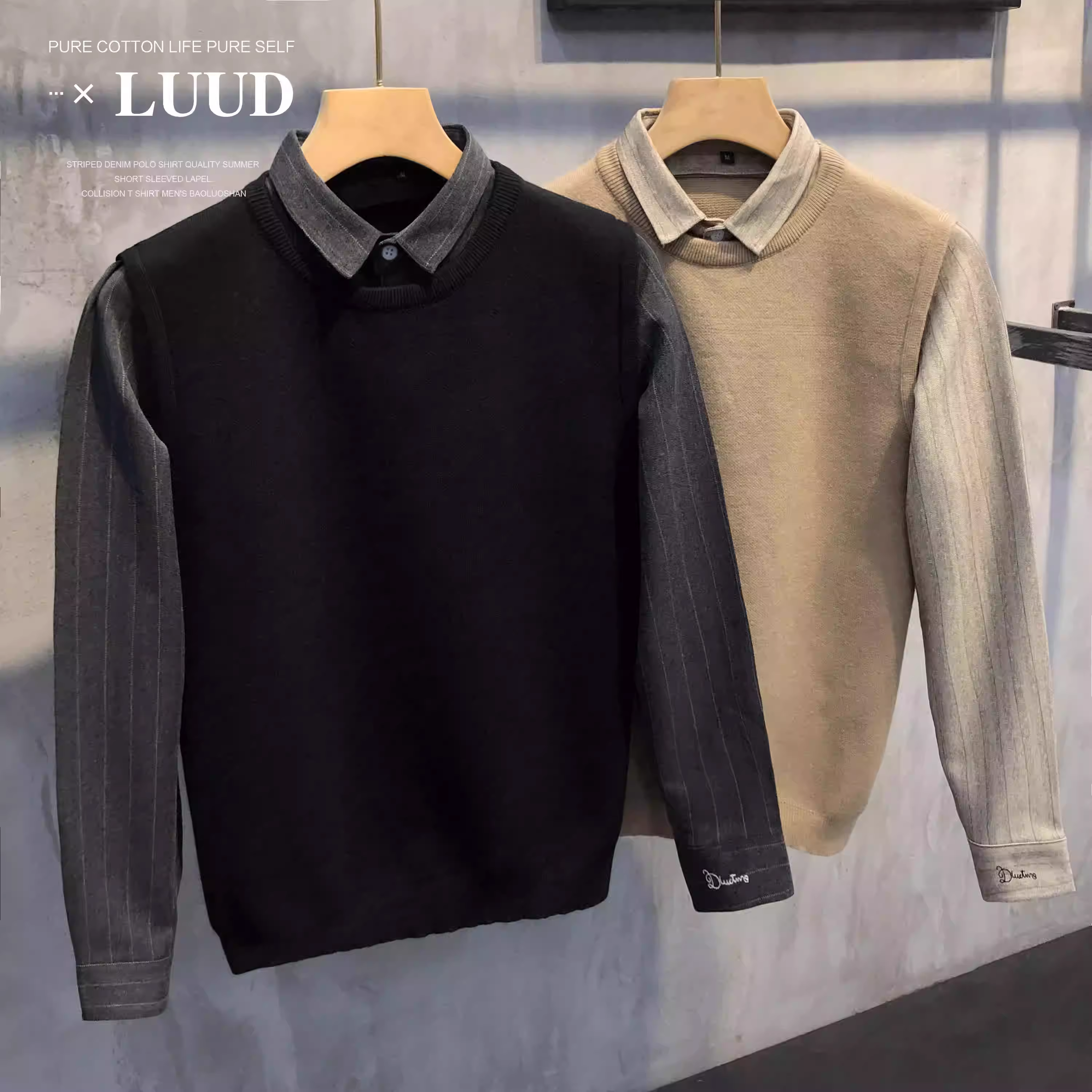 LUUD Mùa Đông Phong Cách Anh Quốc Nam Slim Fit Vintage Giả Hai Mảnh Áo Len Dệt Kim Phong Cách Hàn Quốc Áo Len Có Cổ Áo Sơ Mi Áo Khoác