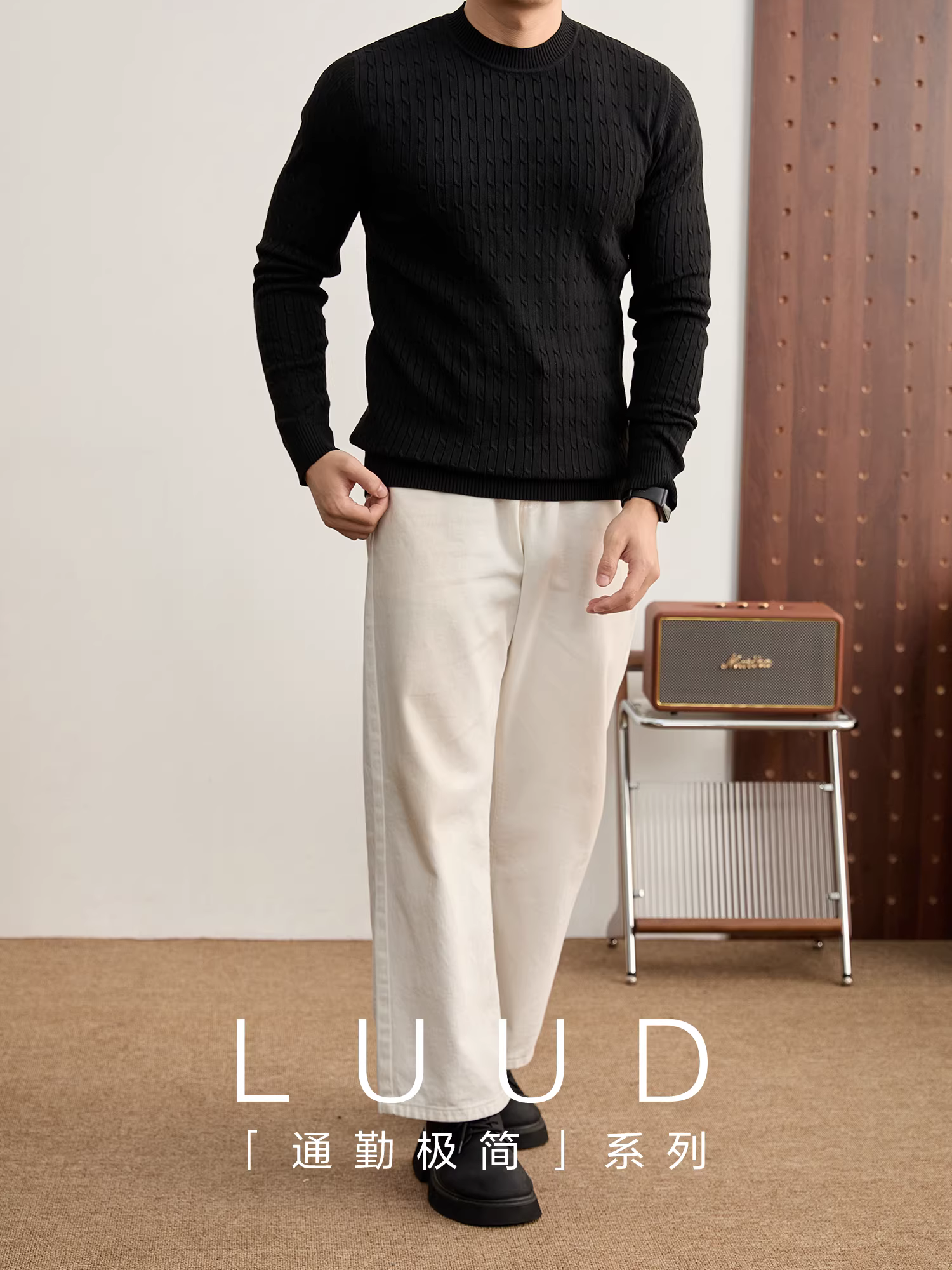 Áo len cổ tròn phong cách mùa thu đông ấm áp kiểu Nhật LUUD dành cho nam với chất liệu dệt kim kiểu cáp, trang phục dệt kim đơn giản và đa năng
