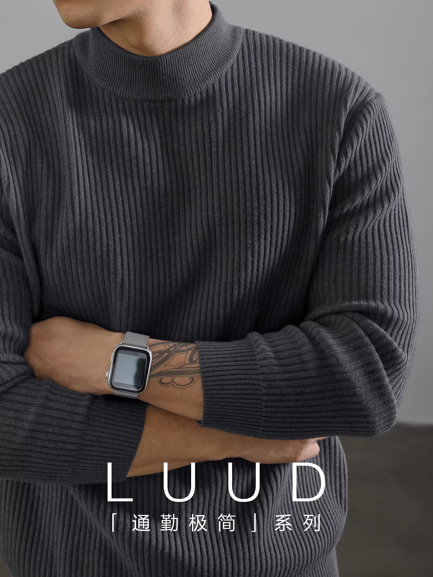 Áo len cổ cao nửa cổ màu xám đậm mùa đông LUUD dành cho nam, áo thun ấm áp có họa tiết dọc, áo dệt kim dài tay.