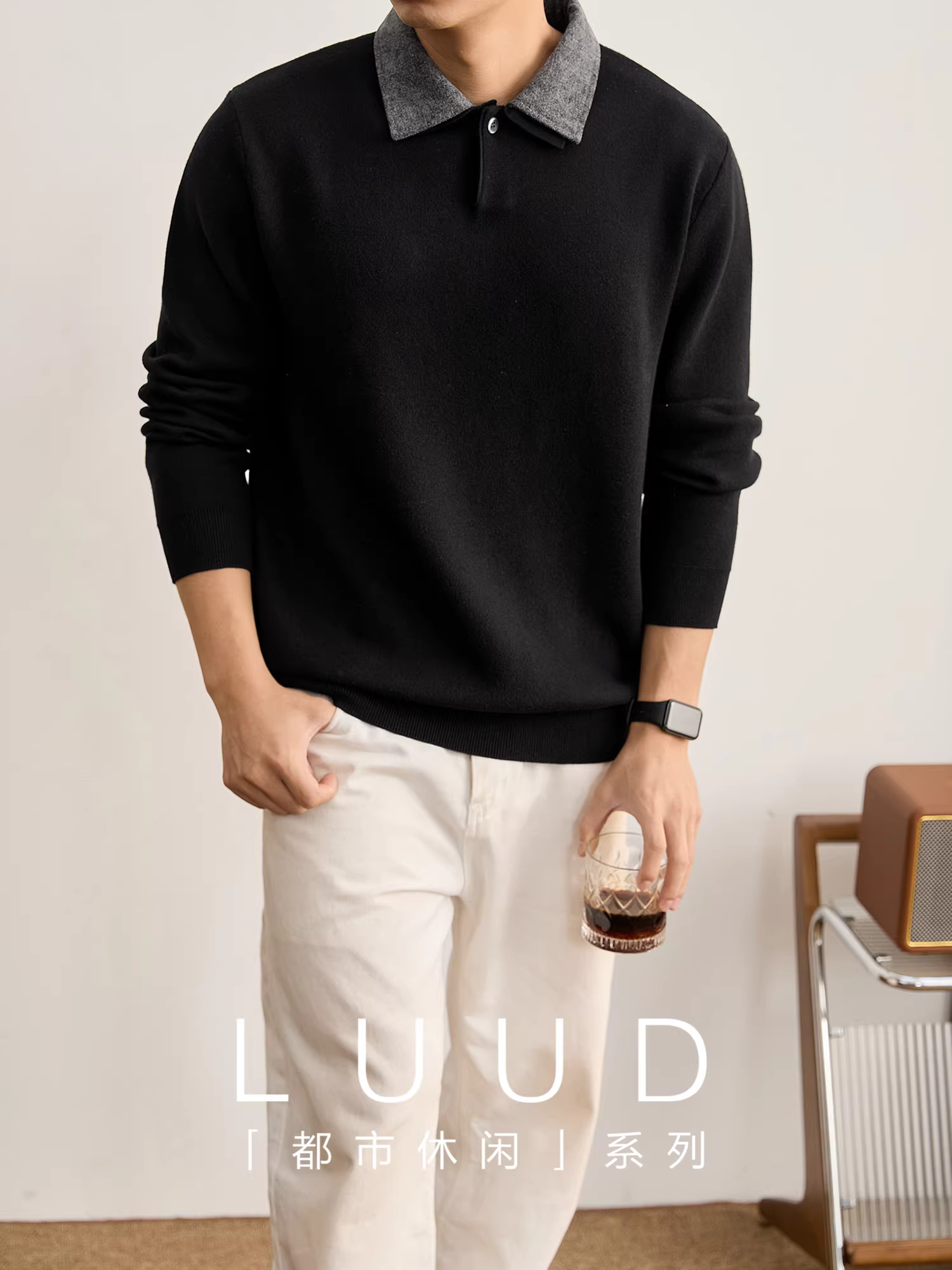 Áo sơ mi POLO dệt kim có cổ hai lớp màu sắc phối hợp nhiều lớp LUUD dành cho nam, áo len giả hai mảnh phong cách tối giản mùa thu đông