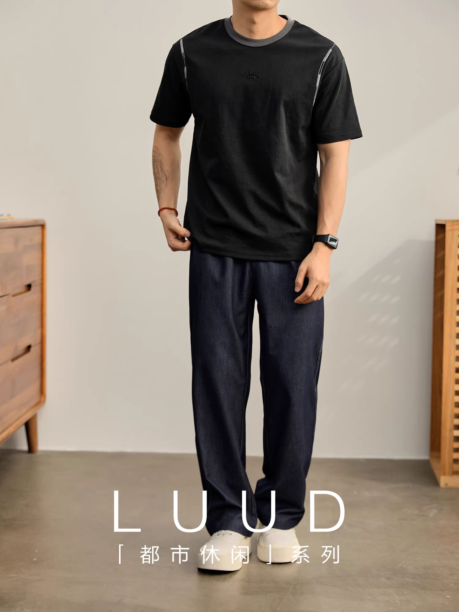 Quần thường ngày giả denim LUUD retro dành cho nam, quần dáng rộng mùa hè, dáng thẳng, lưng quần bán co giãn