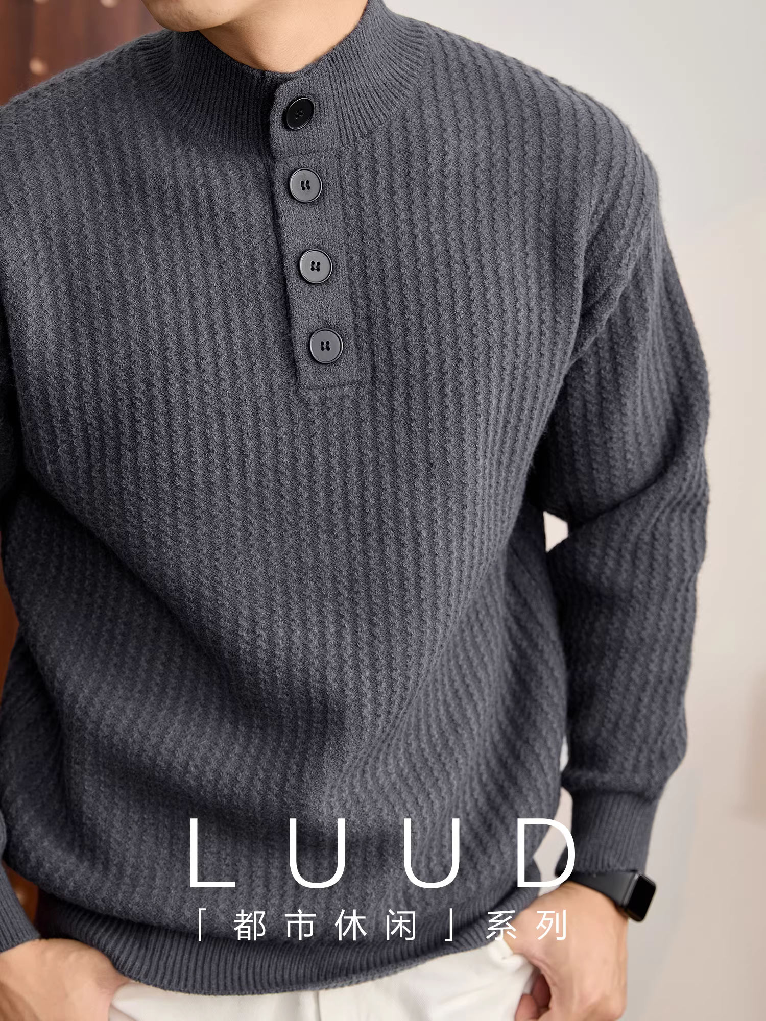 Áo len nam cổ Henry kiểu Mỹ cổ điển LUUD, dệt kim dày dặn mùa đông 790g, họa tiết sọc dọc jacquard, cổ nửa cao