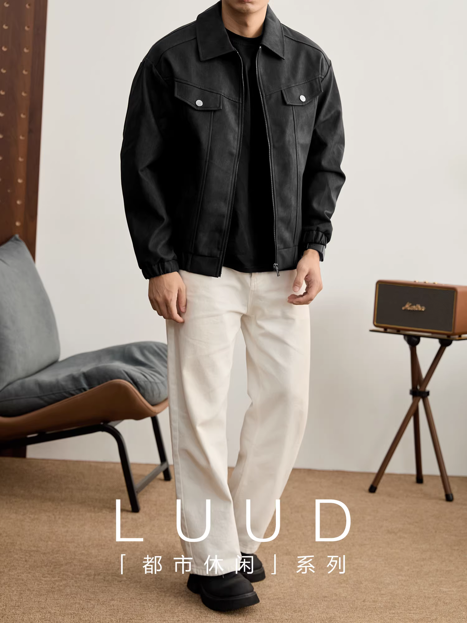 Áo khoác chống gió bằng da PU phong cách đường phố LUUD dành cho nam mùa đông Thiết kế có nắp lật có túi giả Áo khoác thường ngày hợp thời trang