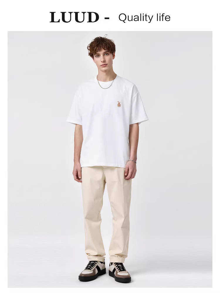Áo thun cổ tròn dành cho nam giới của LUUD, thương hiệu thời thượng có in hình chú thỏ, chất liệu tạo cảm giác mát mẻ, áo sơ mi ngắn tay dáng rộng đa năng