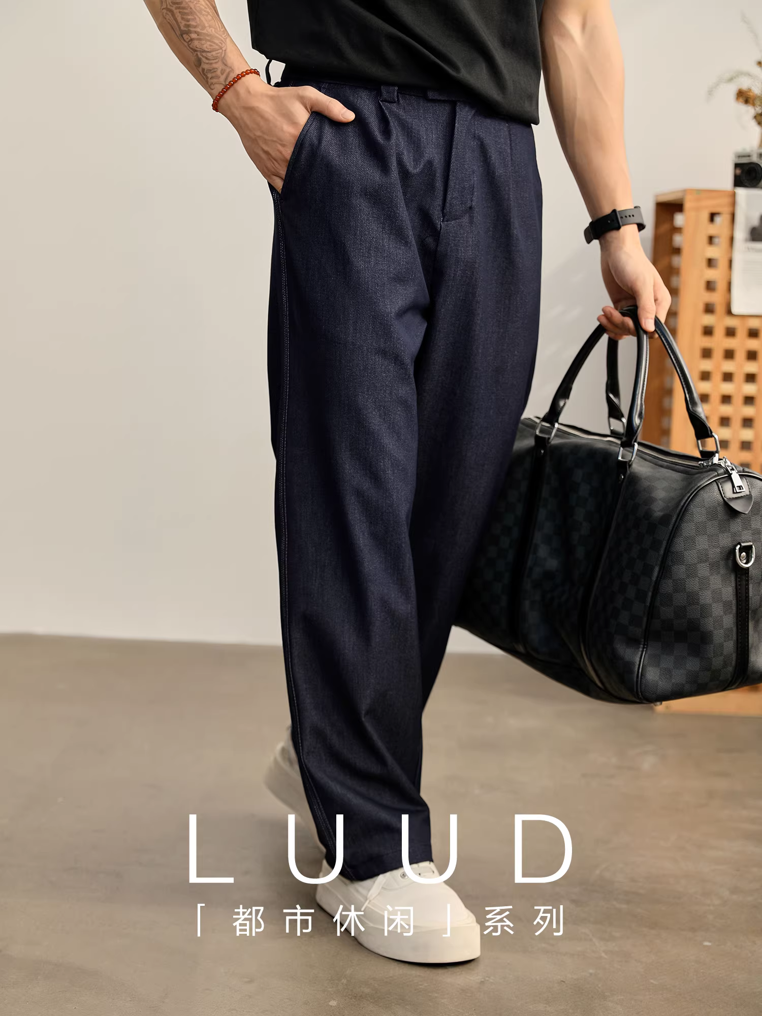 Quần thường ngày giả denim LUUD retro dành cho nam, quần dáng rộng mùa hè, dáng thẳng, lưng quần bán co giãn