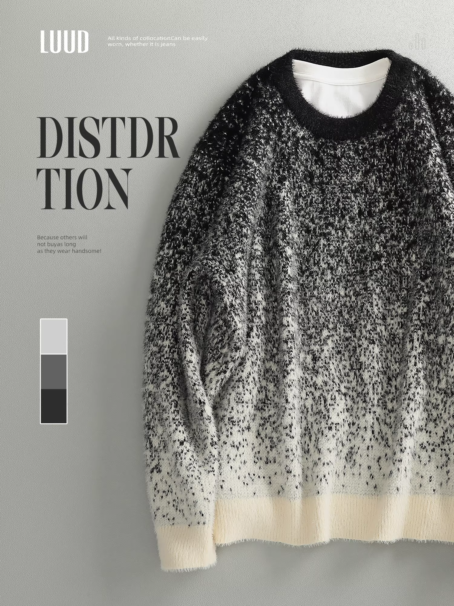 Áo len dệt kim cao cấp LUUD 2025 họa tiết bông tuyết phối màu gradient, chất liệu dày dặn 850G, giả lông chồn, ấm áp, cổ tròn