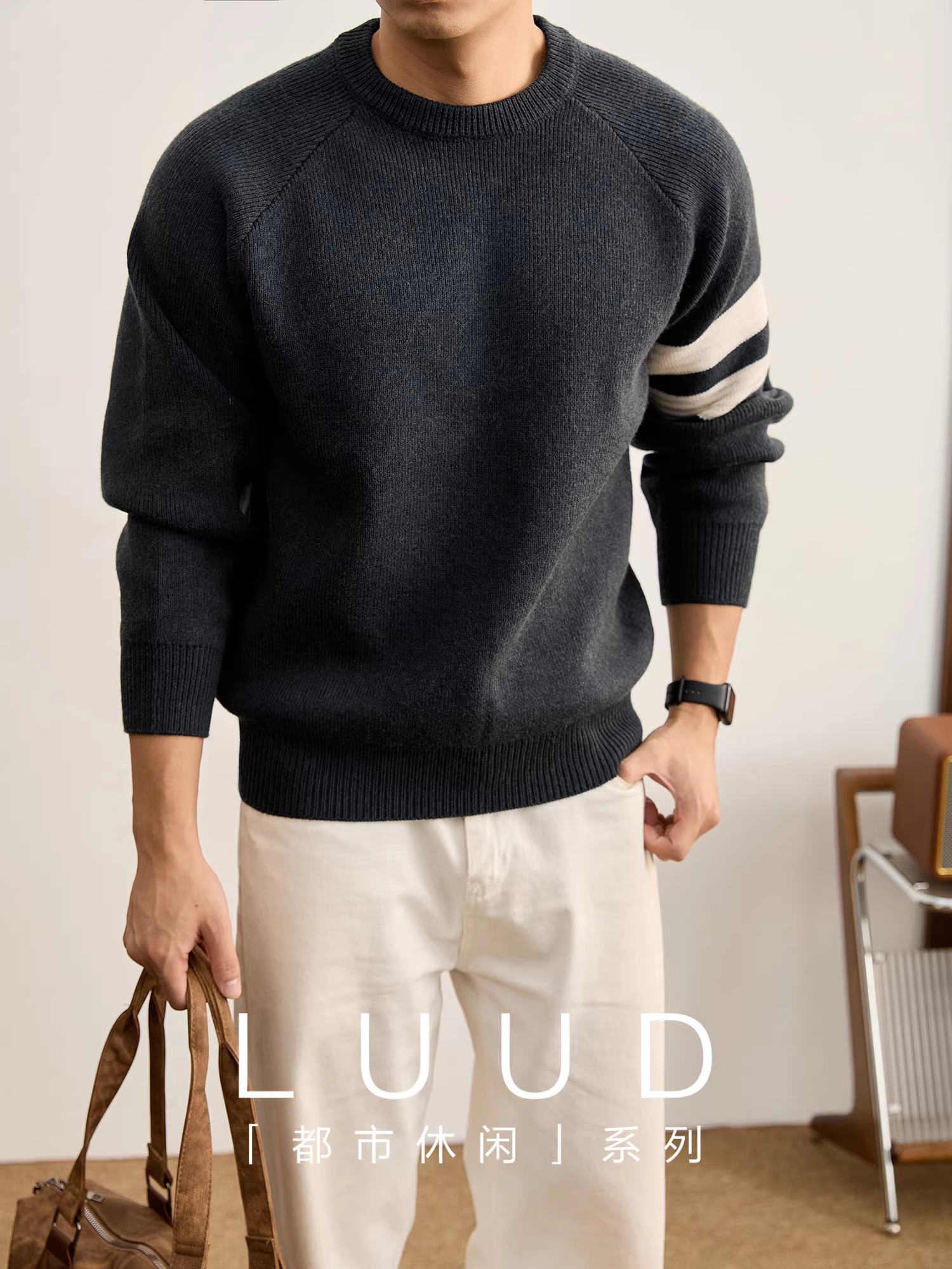 Áo len nam LUUD cao cấp 810g, kiểu dáng tối giản, thời thượng, sang trọng, cổ tròn, chất liệu dệt kim, ấm áp mùa thu đông, áo len chui đầu hai sọc.