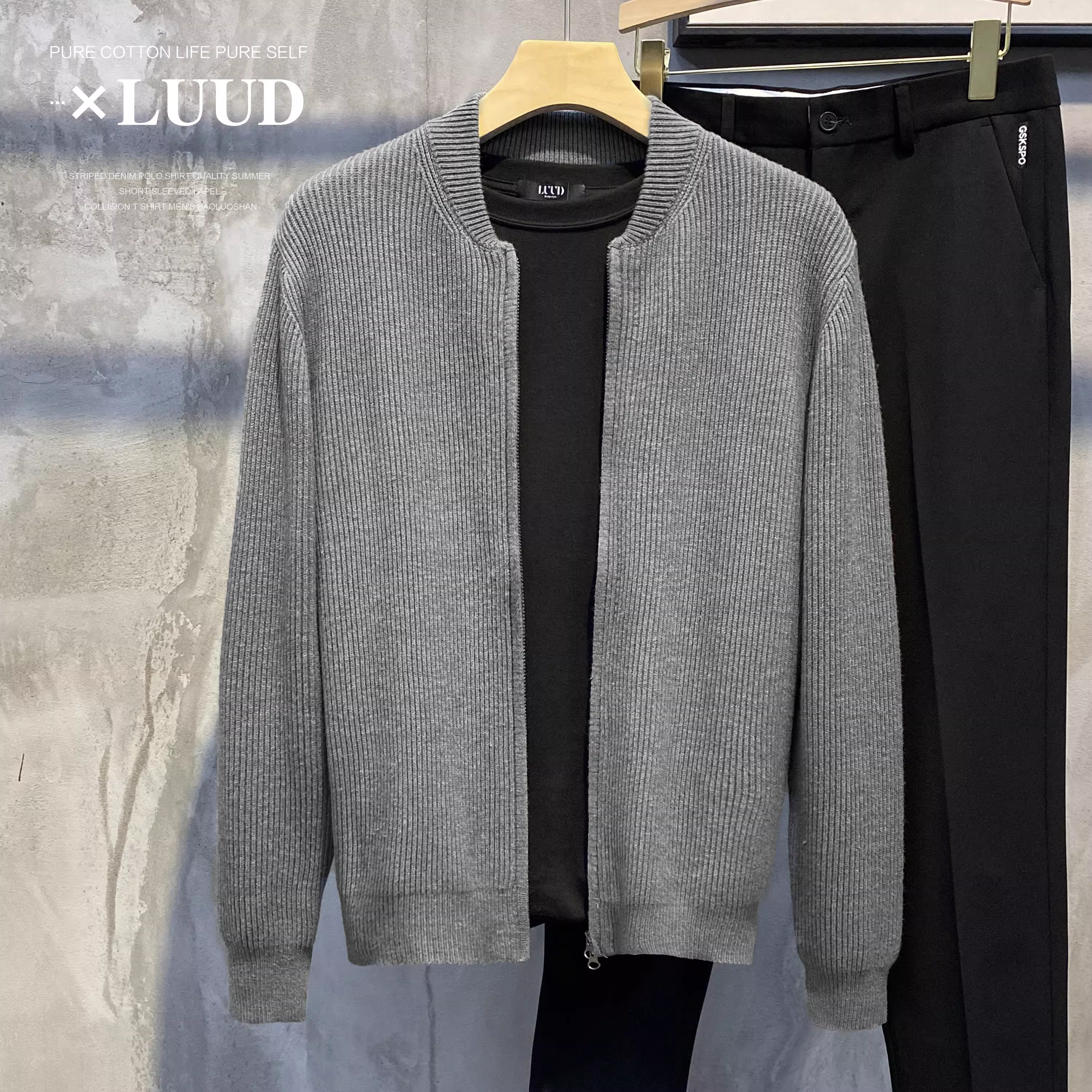 Áo khoác len nam LUUD 2025 thu/đông, thiết kế khóa kéo, màu trơn, kiểu dáng đơn giản phong cách Hàn Quốc, cổ áo bóng chày, thời trang