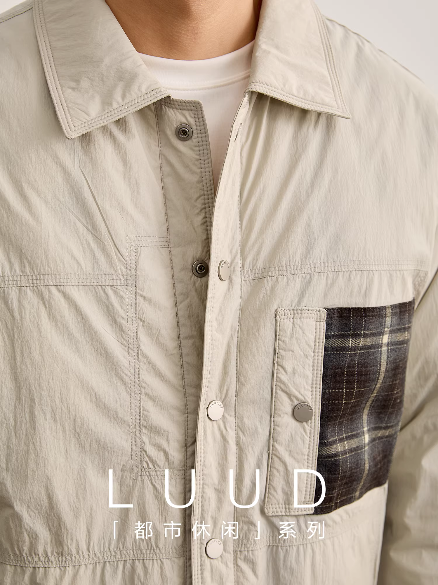 Áo khoác lông vũ LUUD 90 màu trắng, ấm áp và nhẹ, áo khoác nam có túi vá kẻ sọc, có ve áo