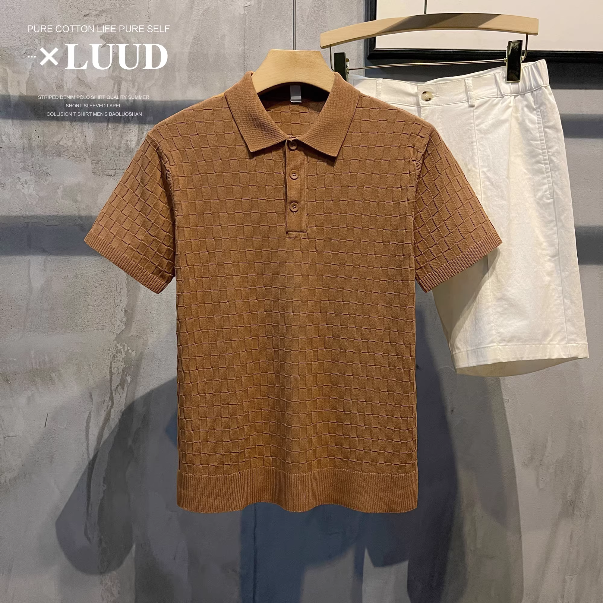 Khuyến mãi đặc biệt: Áo polo dệt kim chất liệu jacquard kẻ ô vuông, màu trơn, kiểu dáng Hàn Quốc, ôm body, tay ngắn, cổ áo thời trang