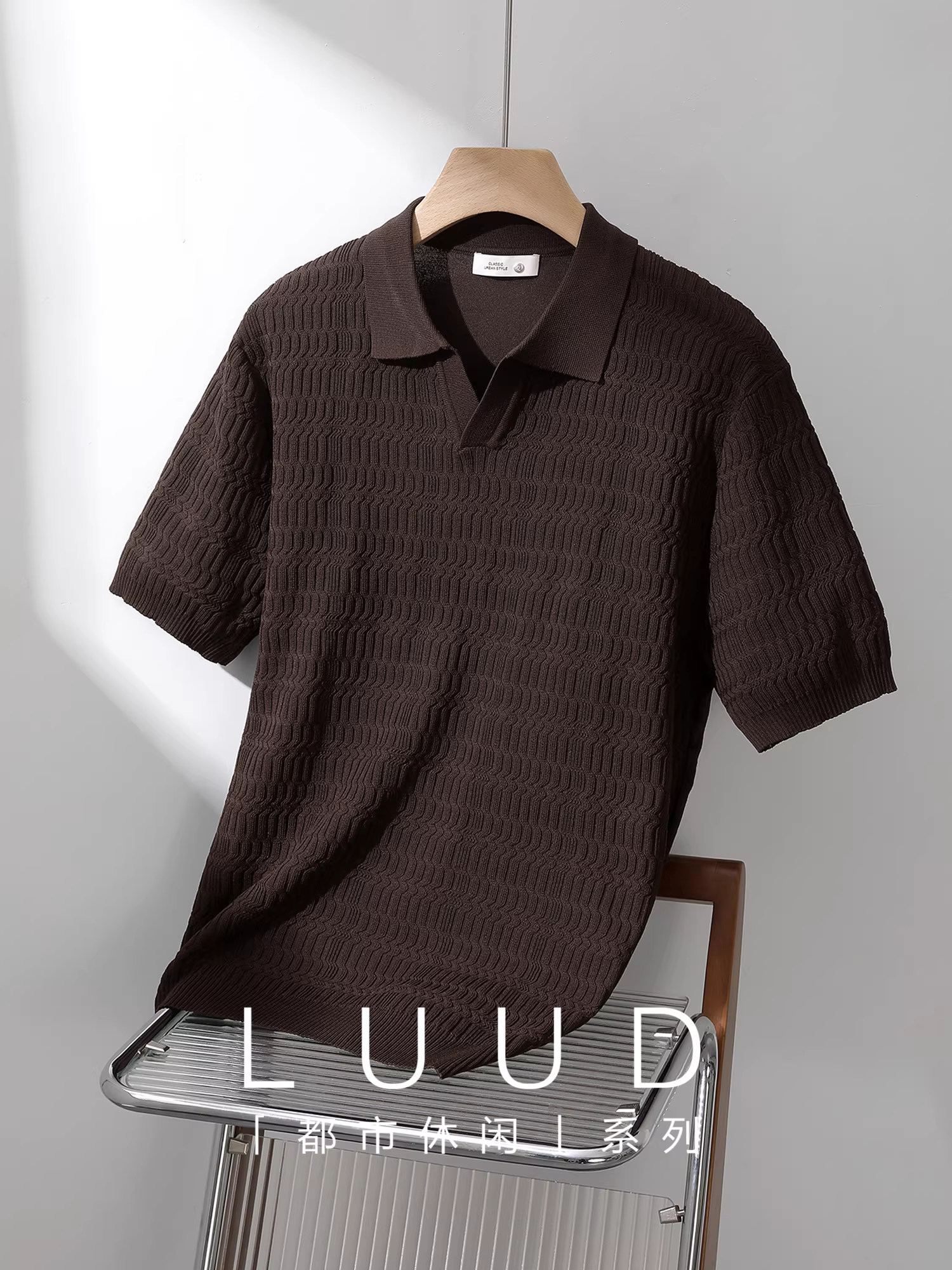 Áo polo dệt kim họa tiết jacquard LUUD dành cho nam, áo thun ngắn tay đa năng, phong cách trưởng thành nhẹ nhàng, kiểu dáng ôm sát.