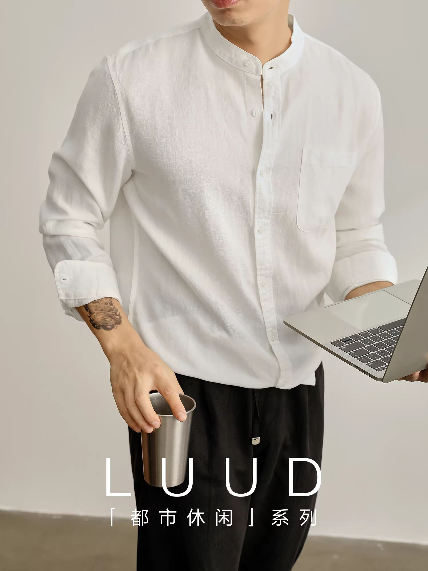 Áo sơ mi nam LUUD phong cách Trung Hoa mới, chất liệu vải lanh Tencel cao cấp, cổ đứng, kiểu dáng thanh lịch, đơn giản, mùa xuân thu, tay dài.