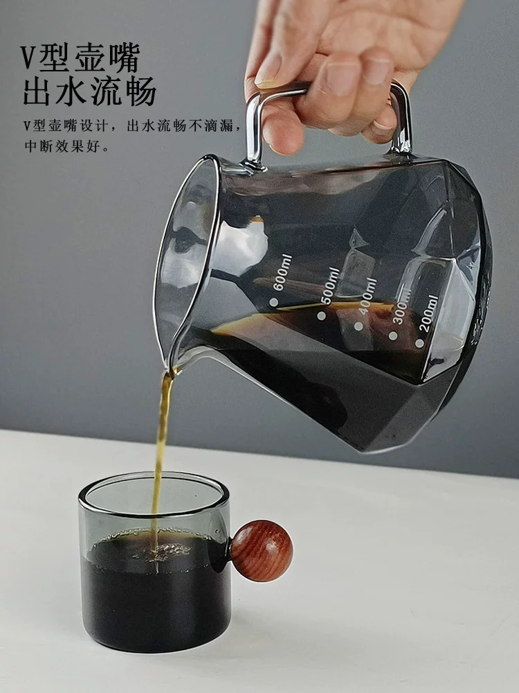 Bộ ấm pha cà phê thủ công màu xám sang trọng, ấm chia sẻ bằng thủy tinh có vạch chia, cốc lọc cà phê V60 bằng gỗ óc chó