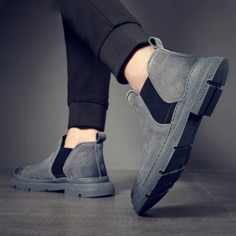Giày bốt Martin kiểu Anh dành cho nam Giày bốt da lộn cổ thấp dành cho nam Giày da thật phong cách retro màu xám khói mùa thu đông Giày Chelsea đế mềm