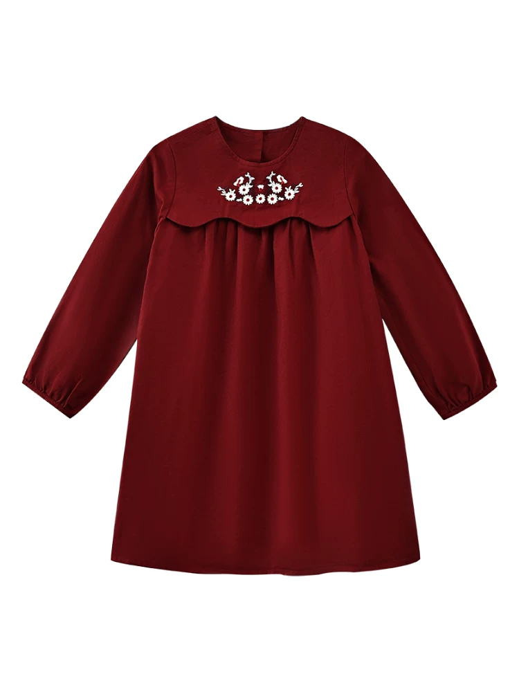 Quần áo trẻ em Hazi Váy trẻ em mùa xuân thu Váy dài vừa phải thêu cổ điển bằng vải cotton màu đỏ Quần áo mùa thu cho bé gái 2025 Phong cách mới