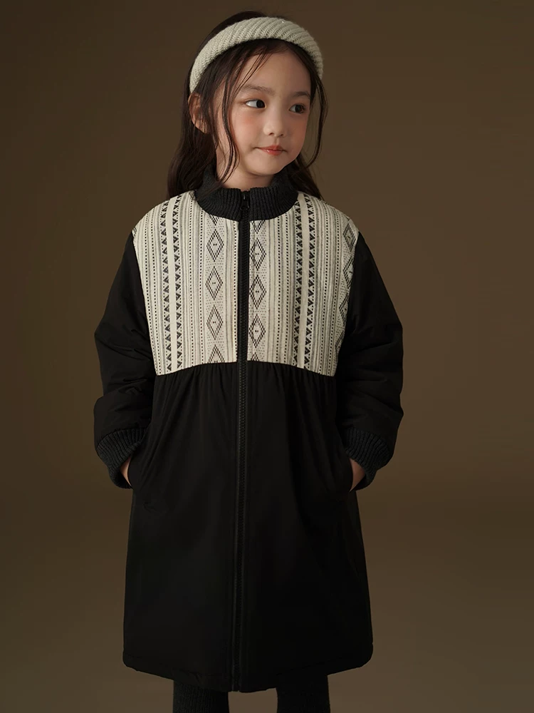 Áo khoác có đệm cho trẻ em Áo khoác cotton dày dặn ấm áp mùa đông dài vừa phải cho bé gái Quần áo mùa đông phong cách phối màu
