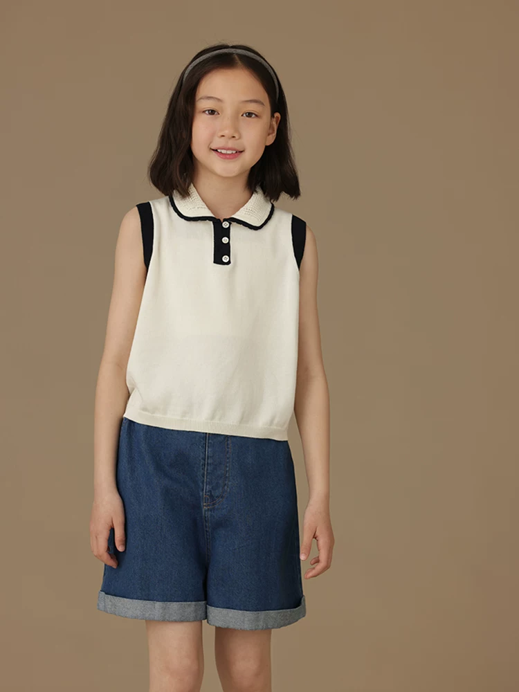 Quần áo trẻ em Áo dệt kim phối màu đen trắng có cổ ren, áo ngắn tay hoàn toàn bằng cotton cho bé gái, áo vest mỏng cho bé gái lớn hơn.