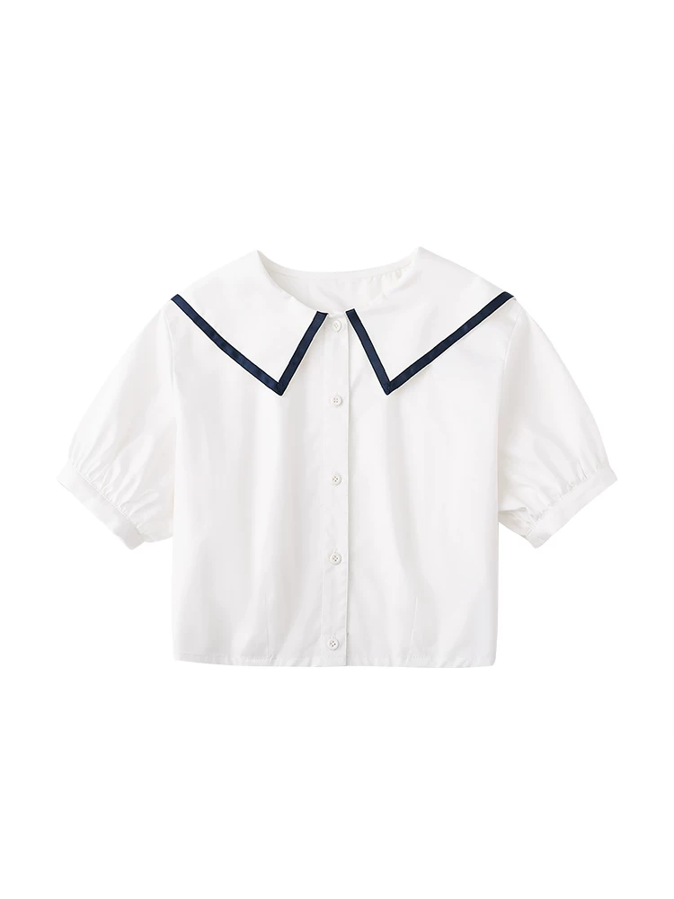 Áo sơ mi ngắn tay màu trắng kiểu hải quân mùa hè dành cho nữ, áo kiểu preppy, áo sơ mi cơ bản mỏng và sành điệu.