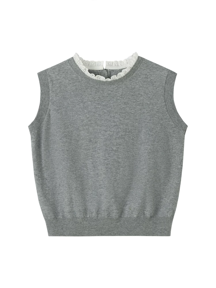 Quần áo trẻ em áo vest màu xám cổ ren kiểu Pháp đa năng bằng vải cotton dệt kim dành cho bé gái phong cách mùa hè mỏng nhẹ