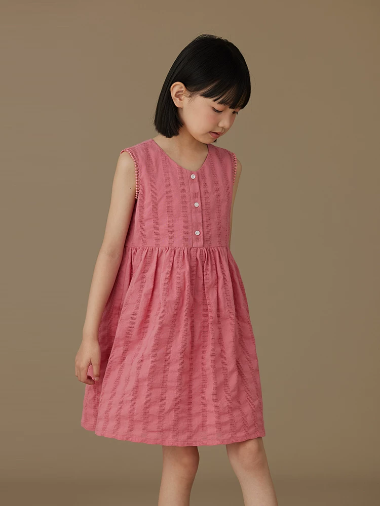 Quần áo trẻ em, váy vest màu đỏ hồng cho bé gái, váy không tay chất liệu cotton cho bé gái, kiểu dáng thời trang cho trẻ lớn.