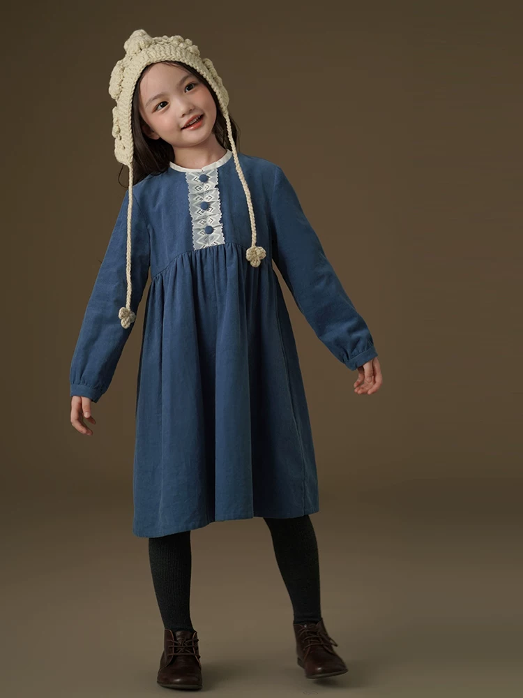 Quần áo trẻ em Ha Chi Váy dài tay kiểu Pháp thanh lịch dành cho trẻ em, Quần áo mùa đông bằng vải nhung cotton màu xanh hồ cao cấp dành cho bé gái.