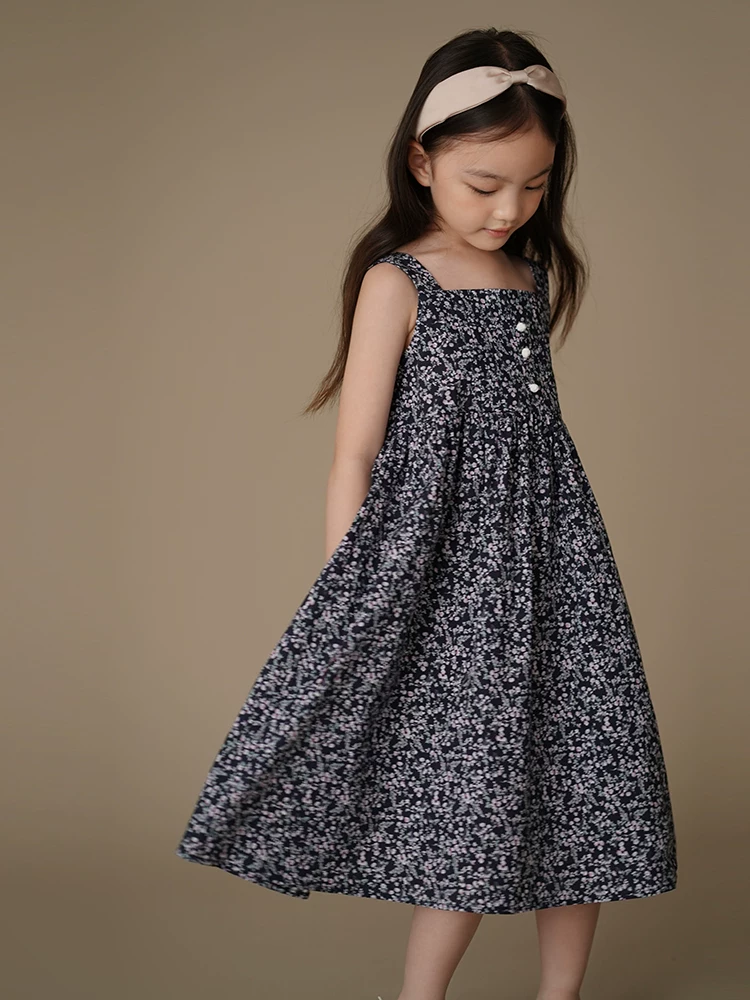 Váy hoa mùa hè cho trẻ em, váy cotton kiểu nông thôn đi nghỉ mát, váy mỏng dài vừa phải cho bé gái