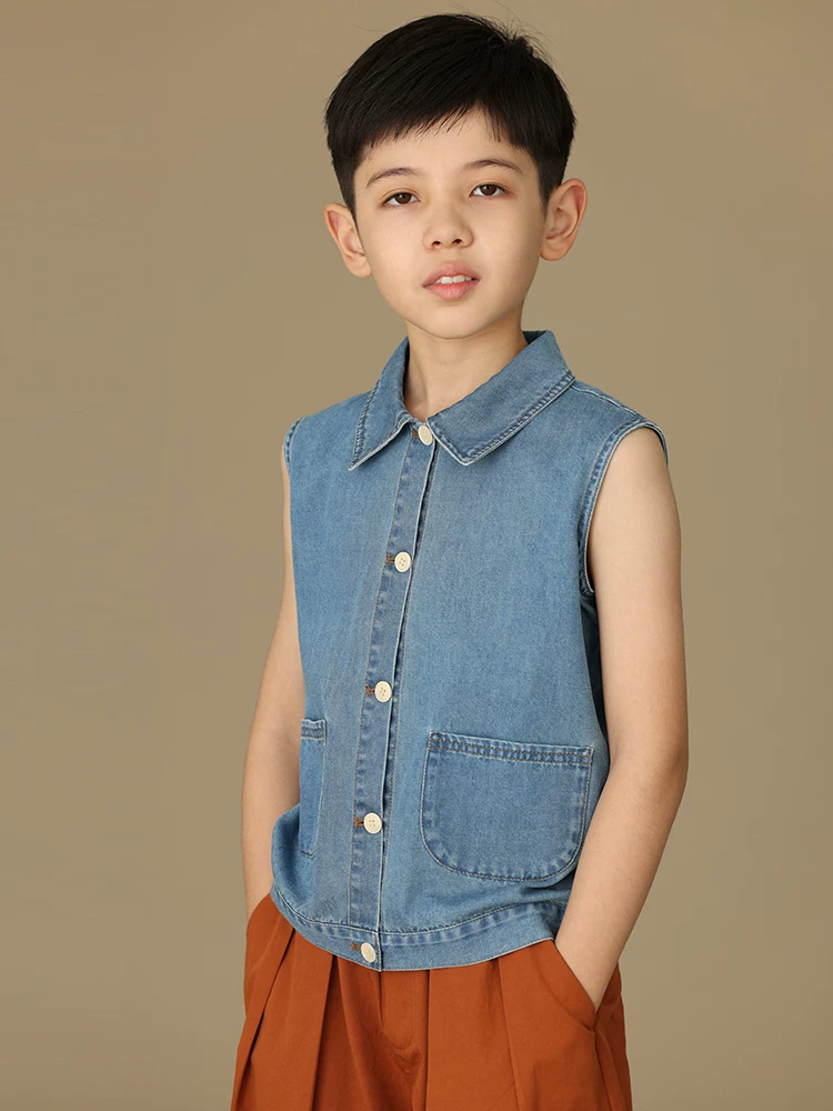 Áo denim trẻ em mùa hè áo vest mỏng cotton thân thiện với da áo sơ mi không tay bé trai bé gái quần áo mùa hè