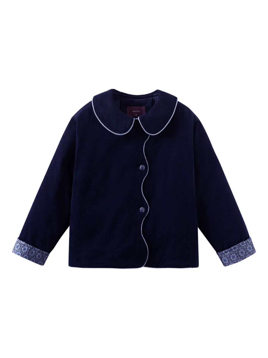 Áo khoác ngắn mùa đông bằng cotton cho trẻ em có cổ búp bê, áo nhung phối màu, áo khoác bé gái, đơn giản và cao cấp.
