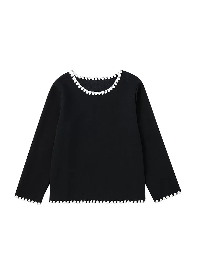 Quần áo trẻ em mùa thu đông màu đen thủ công phối màu thêu vỏ sò viền kiểu dáng cha mẹ và con gái áo len dệt kim cho bé gái