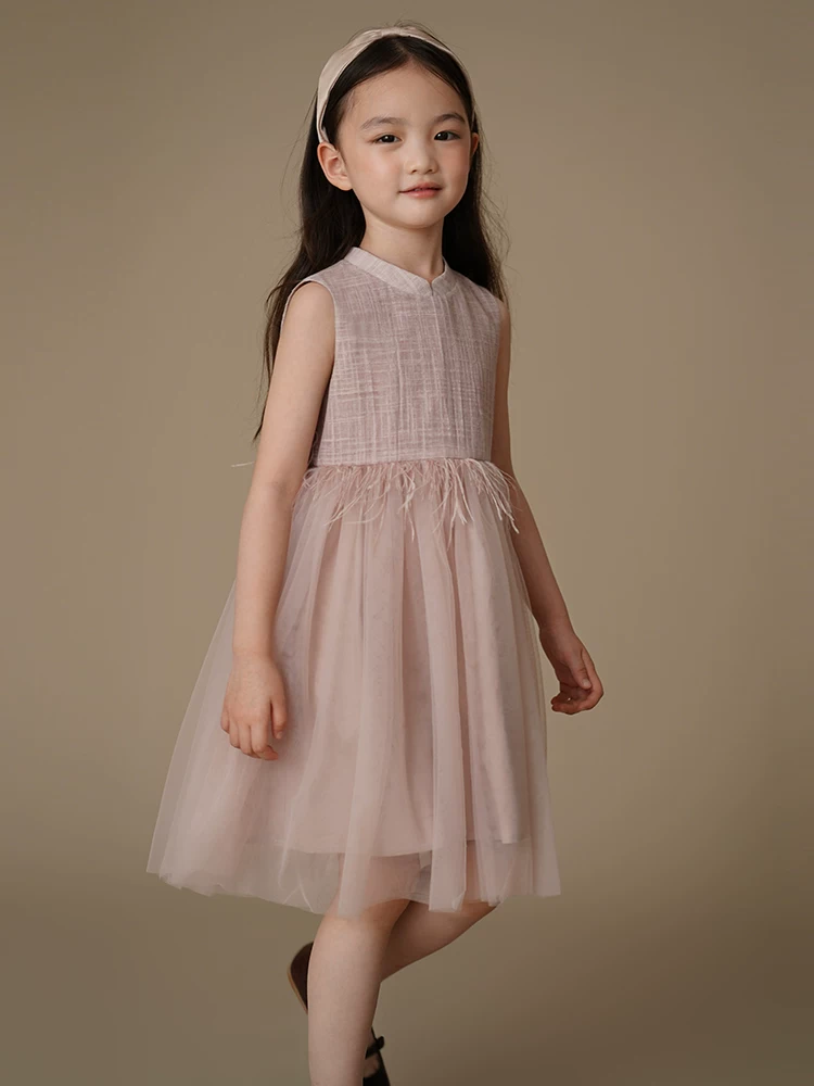 Quần áo trẻ em mùa hè Váy vải tuyn công chúa màu hồng ngọt ngào cho bé gái Váy ba lỗ phong cách Trung Quốc mới cho bé gái
