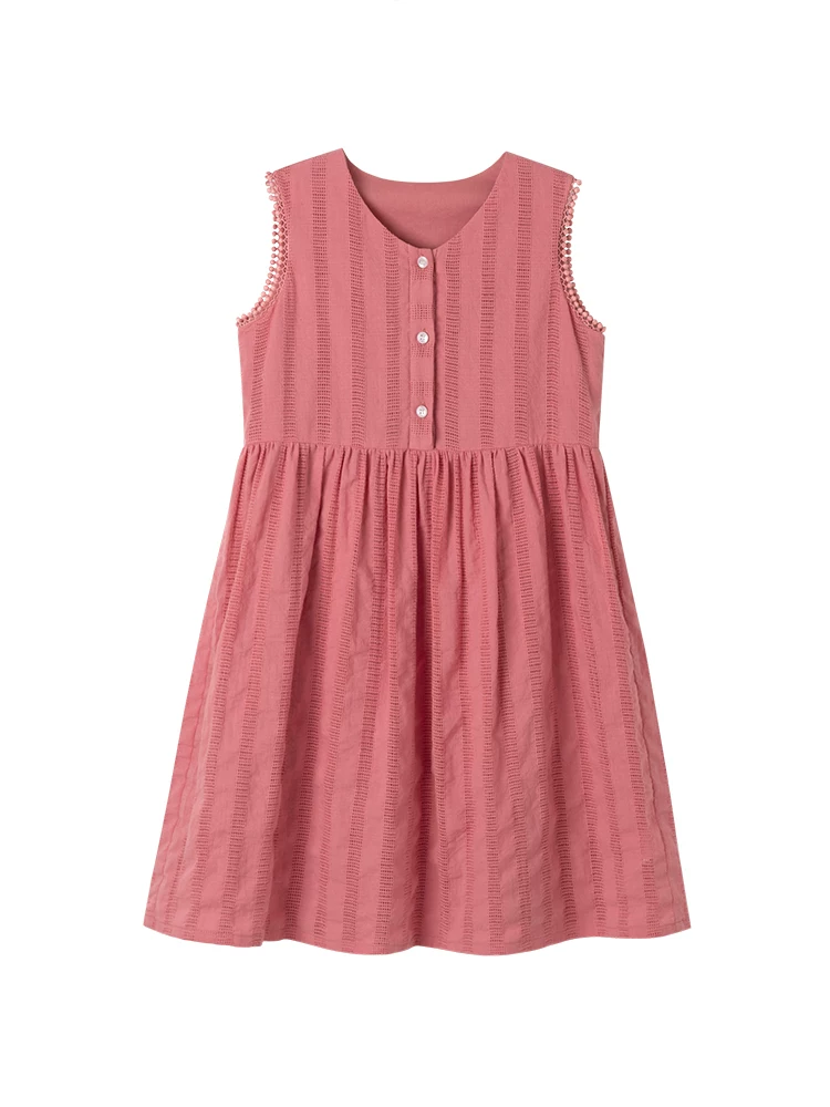 Quần áo trẻ em, váy vest màu đỏ hồng cho bé gái, váy không tay chất liệu cotton cho bé gái, kiểu dáng thời trang cho trẻ lớn.